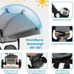 7 in 1 Kinder Dreirad mit Umkehrbarem Sitz & Verstellbarem Verdeck & Schiebegriff Laufrad Grau