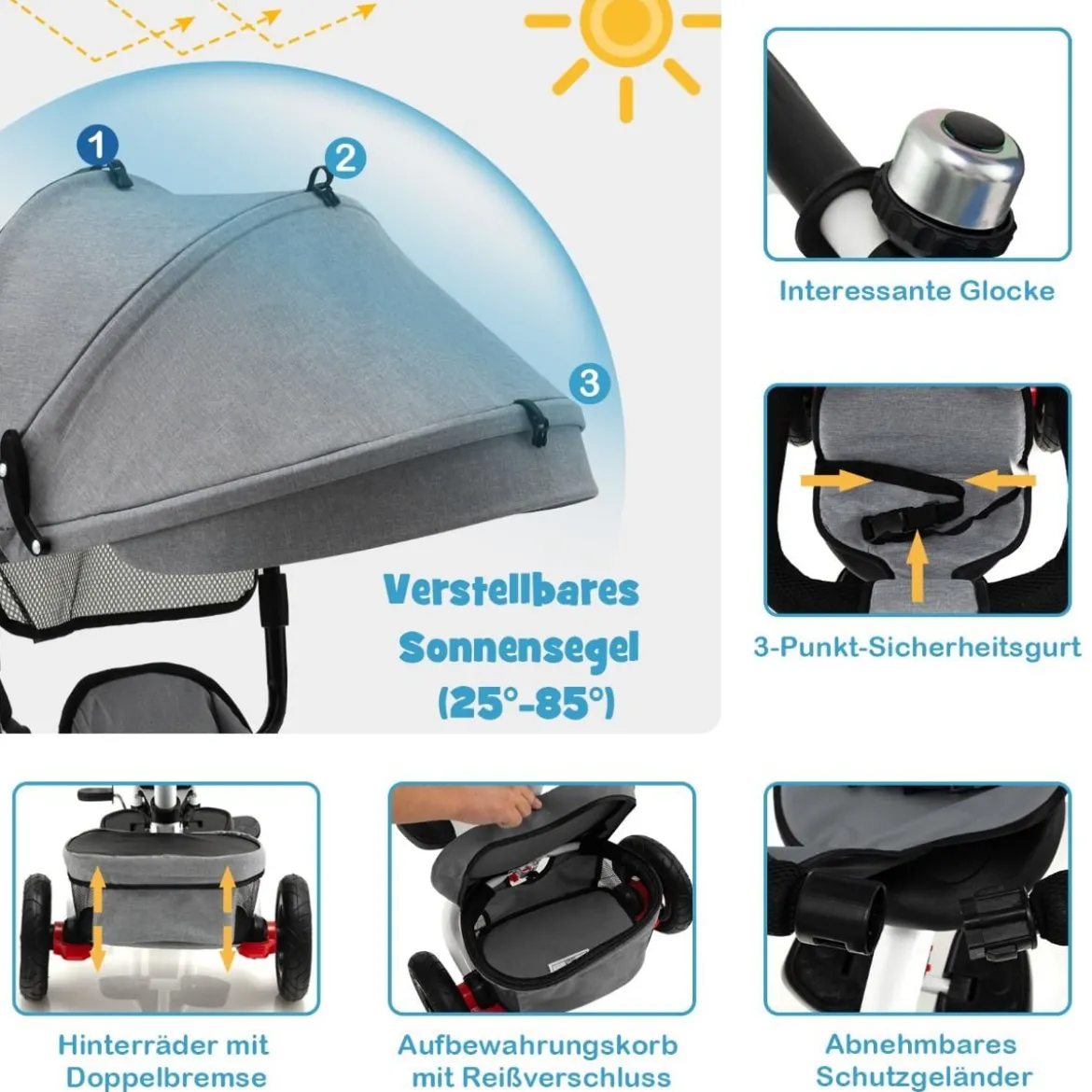 7 in 1 Kinder Dreirad mit Umkehrbarem Sitz & Verstellbarem Verdeck & Schiebegriff Laufrad Grau