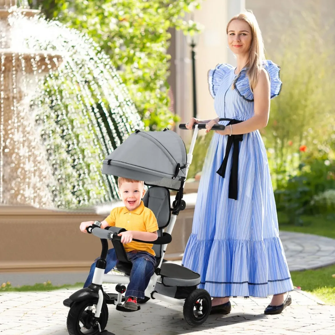 7 in 1 Kinder Dreirad mit Umkehrbarem Sitz & Verstellbarem Verdeck & Schiebegriff Laufrad Grau