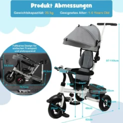7 in 1 Kinder Dreirad mit Umkehrbarem Sitz & Verstellbarem Verdeck & Schiebegriff Laufrad Grau