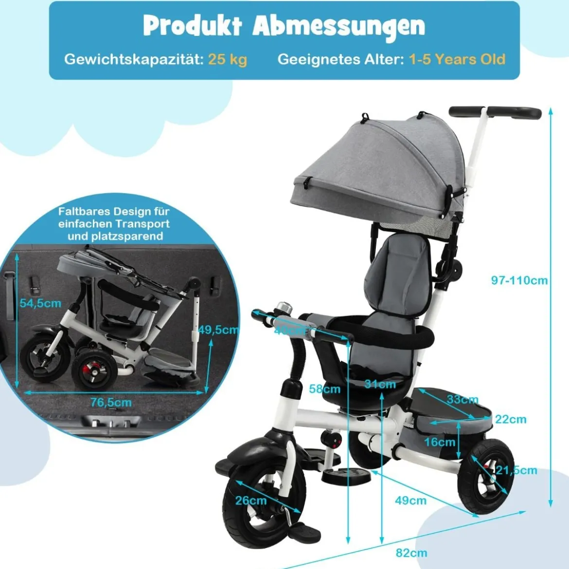 7 in 1 Kinder Dreirad mit Umkehrbarem Sitz & Verstellbarem Verdeck & Schiebegriff Laufrad Grau