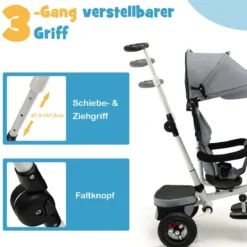 7 in 1 Kinder Dreirad mit Umkehrbarem Sitz & Verstellbarem Verdeck & Schiebegriff Laufrad Grau
