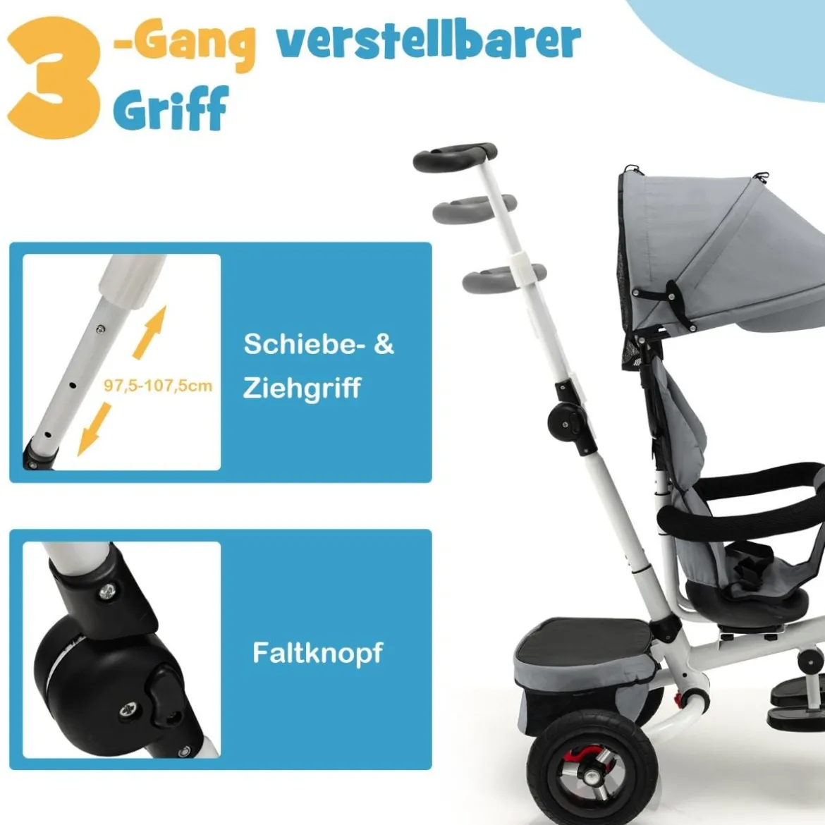 7 in 1 Kinder Dreirad mit Umkehrbarem Sitz & Verstellbarem Verdeck & Schiebegriff Laufrad Grau
