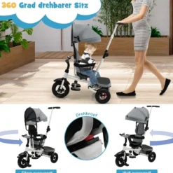 7 in 1 Kinder Dreirad mit Umkehrbarem Sitz & Verstellbarem Verdeck & Schiebegriff Laufrad Grau