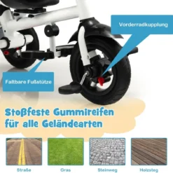 7 in 1 Kinder Dreirad mit Umkehrbarem Sitz & Verstellbarem Verdeck & Schiebegriff Laufrad Grau