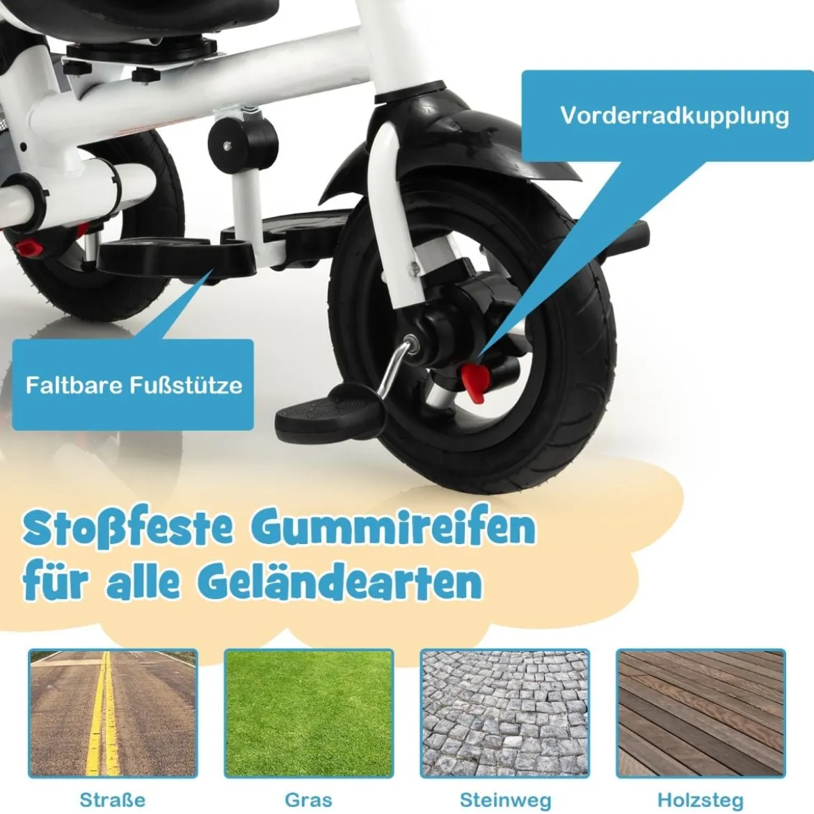 7 in 1 Kinder Dreirad mit Umkehrbarem Sitz & Verstellbarem Verdeck & Schiebegriff Laufrad Grau