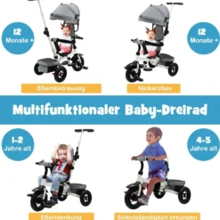 7 in 1 Kinder Dreirad mit Umkehrbarem Sitz & Verstellbarem Verdeck & Schiebegriff Laufrad Grau