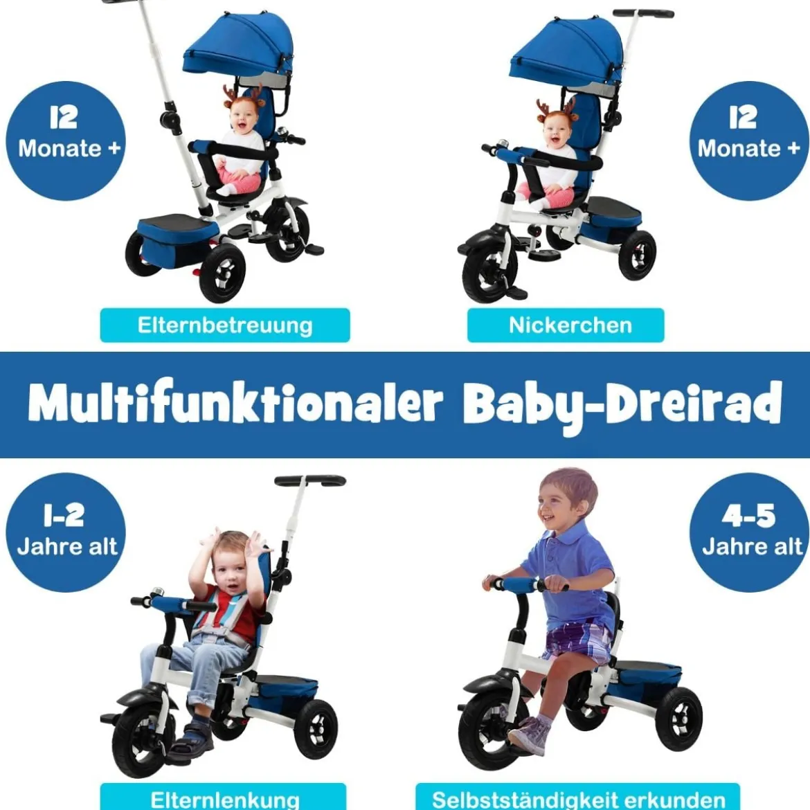 7 in 1 Kinder Dreirad mit Umkehrbarem Sitz & Verstellbarem Verdeck & Schiebegriff Laufrad Blau