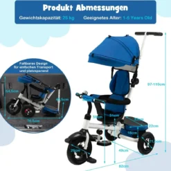 7 in 1 Kinder Dreirad mit Umkehrbarem Sitz & Verstellbarem Verdeck & Schiebegriff Laufrad Blau