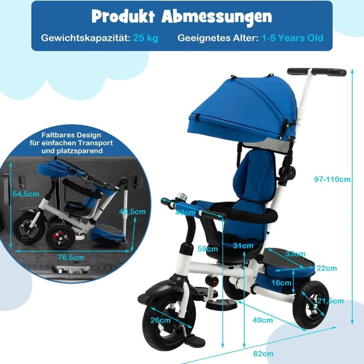 7 in 1 Kinder Dreirad mit Umkehrbarem Sitz & Verstellbarem Verdeck & Schiebegriff Laufrad Blau