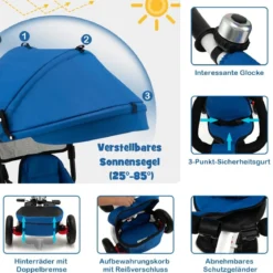 7 in 1 Kinder Dreirad mit Umkehrbarem Sitz & Verstellbarem Verdeck & Schiebegriff Laufrad Blau