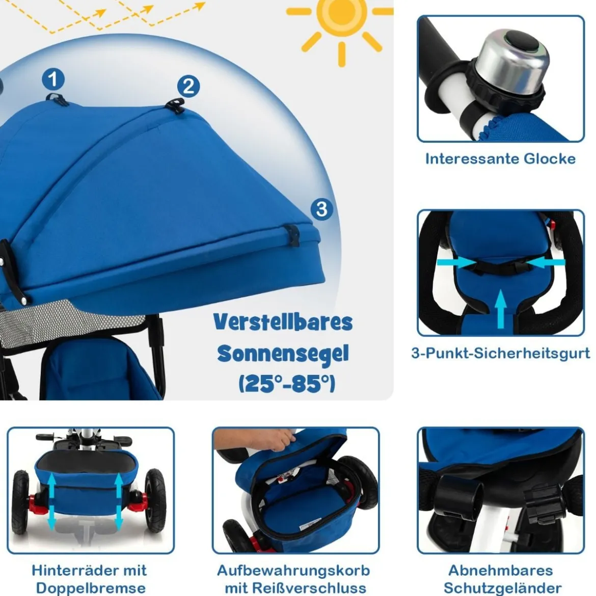 7 in 1 Kinder Dreirad mit Umkehrbarem Sitz & Verstellbarem Verdeck & Schiebegriff Laufrad Blau
