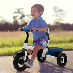 7 in 1 Kinder Dreirad mit Umkehrbarem Sitz & Verstellbarem Verdeck & Schiebegriff Laufrad Blau