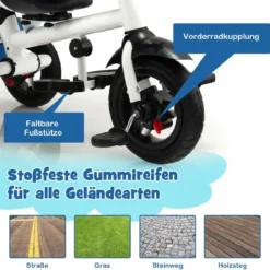 7 in 1 Kinder Dreirad mit Umkehrbarem Sitz & Verstellbarem Verdeck & Schiebegriff Laufrad Blau