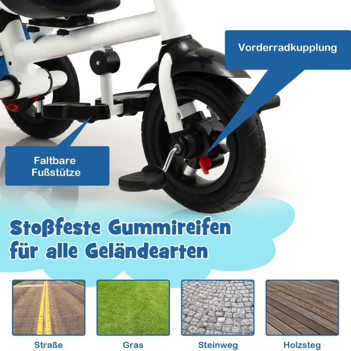 7 in 1 Kinder Dreirad mit Umkehrbarem Sitz & Verstellbarem Verdeck & Schiebegriff Laufrad Blau