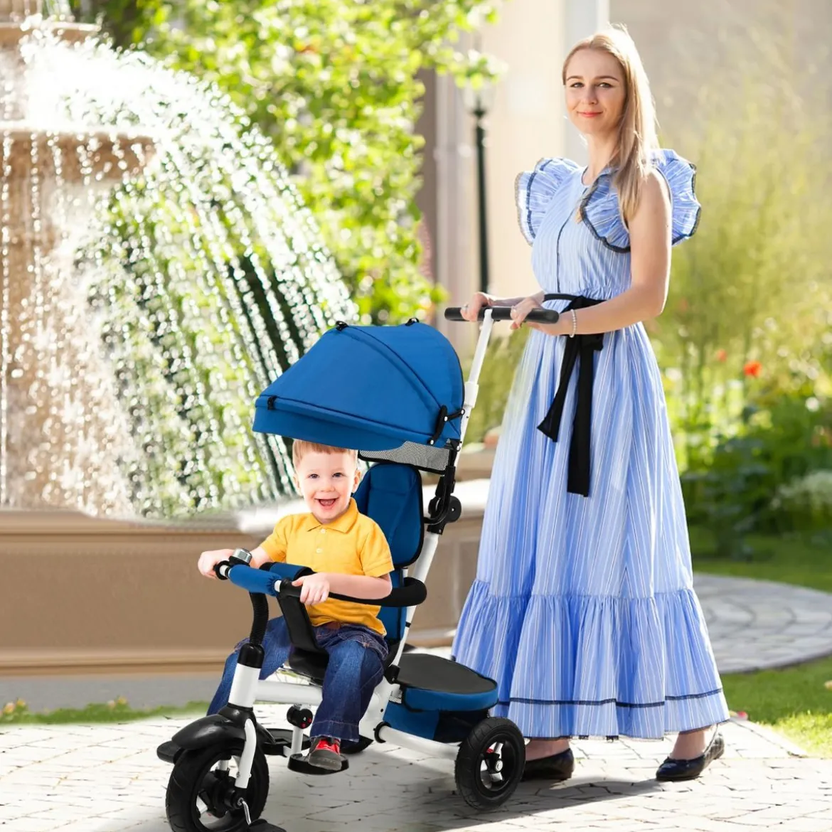 7 in 1 Kinder Dreirad mit Umkehrbarem Sitz & Verstellbarem Verdeck & Schiebegriff Laufrad Blau