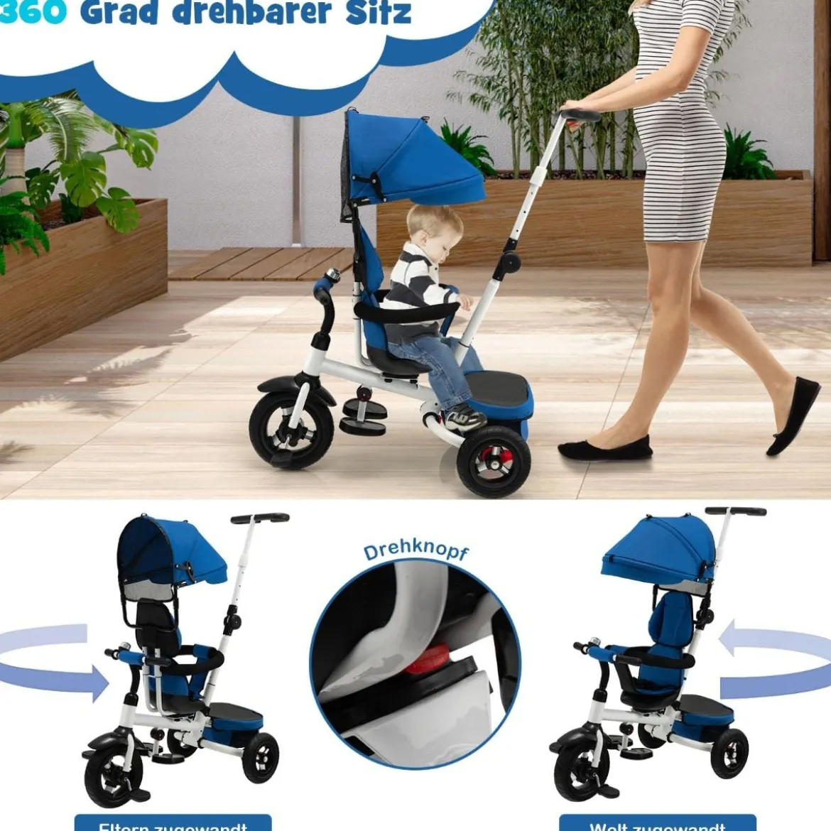 7 in 1 Kinder Dreirad mit Umkehrbarem Sitz & Verstellbarem Verdeck & Schiebegriff Laufrad Blau