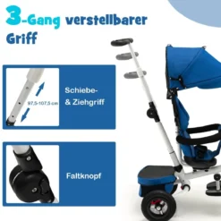 7 in 1 Kinder Dreirad mit Umkehrbarem Sitz & Verstellbarem Verdeck & Schiebegriff Laufrad Blau
