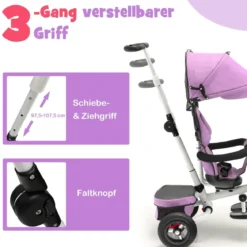 7 in 1 Kinder Dreirad mit Umkehrbarem Sitz & Verstellbarem Verdeck & Schiebegriff Laufrad Rosa