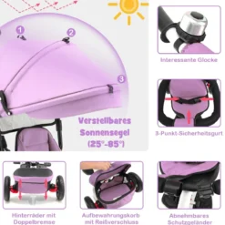 7 in 1 Kinder Dreirad mit Umkehrbarem Sitz & Verstellbarem Verdeck & Schiebegriff Laufrad Rosa