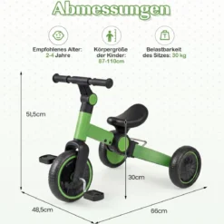 5-in-1 Kinderfahrrad Kinder Balancebike mit abnehmbaren Pedalen verstellbarem Lenker Grün