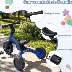 5-in-1 Kinderfahrrad Kinder Balancebike mit abnehmbaren Pedalen verstellbarem Lenker Blau
