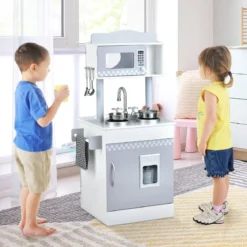 2 in 1 Kinderküche aus Holz Doppelseitige Spielküche für Kinder ab 3 Jahren