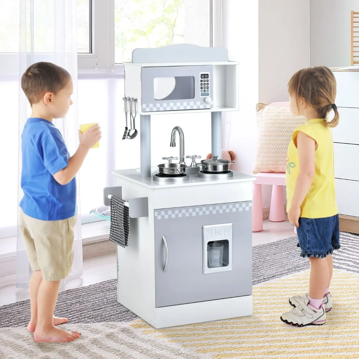 2 in 1 Kinderküche aus Holz Doppelseitige Spielküche für Kinder ab 3 Jahren