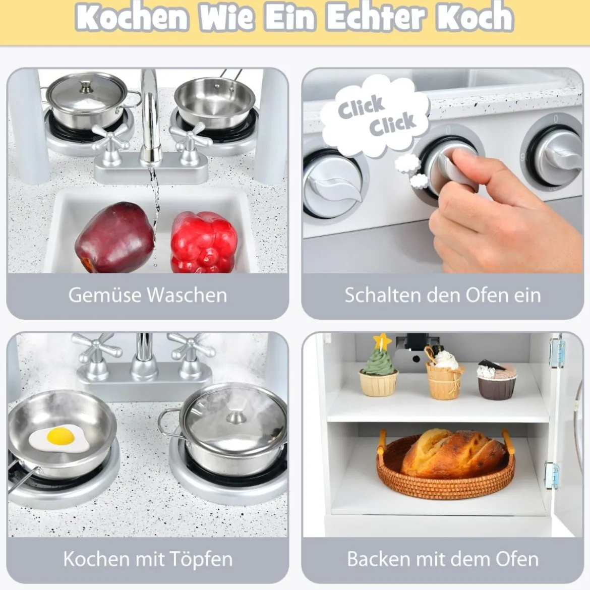 2 in 1 Kinderküche aus Holz Doppelseitige Spielküche für Kinder ab 3 Jahren