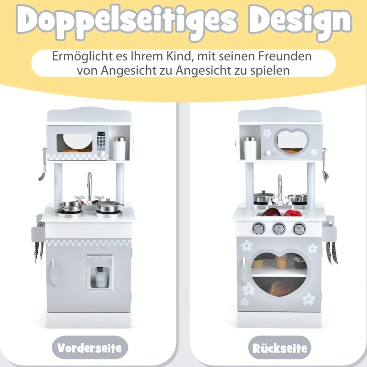 2 in 1 Kinderküche aus Holz Doppelseitige Spielküche für Kinder ab 3 Jahren