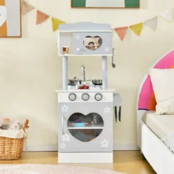 2 in 1 Kinderküche aus Holz Doppelseitige Spielküche für Kinder ab 3 Jahren