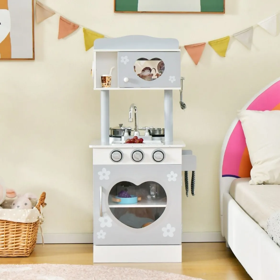2 in 1 Kinderküche aus Holz Doppelseitige Spielküche für Kinder ab 3 Jahren