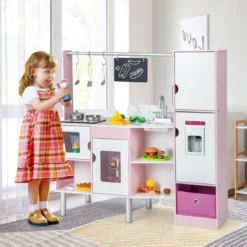 2 in 1 Kinderküche & Kaufladen mit Licht & Sound & 82 Zubehörteile & Tafel & Eismacher Spielküche