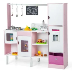 2 in 1 Kinderküche & Kaufladen mit Licht & Sound & 82 Zubehörteile & Tafel & Eismacher Spielküche