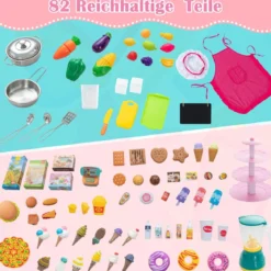 2 in 1 Kinderküche & Kaufladen mit Licht & Sound & 82 Zubehörteile & Tafel & Eismacher Spielküche