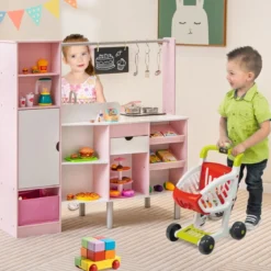 2 in 1 Kinderküche & Kaufladen mit Licht & Sound & 82 Zubehörteile & Tafel & Eismacher Spielküche