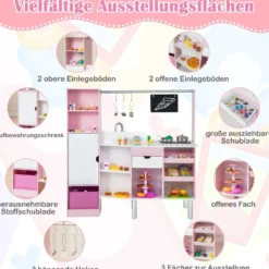 2 in 1 Kinderküche & Kaufladen mit Licht & Sound & 82 Zubehörteile & Tafel & Eismacher Spielküche