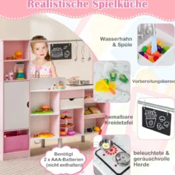 2 in 1 Kinderküche & Kaufladen mit Licht & Sound & 82 Zubehörteile & Tafel & Eismacher Spielküche