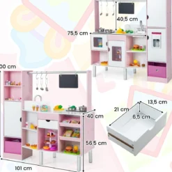 2 in 1 Kinderküche & Kaufladen mit Licht & Sound & 82 Zubehörteile & Tafel & Eismacher Spielküche