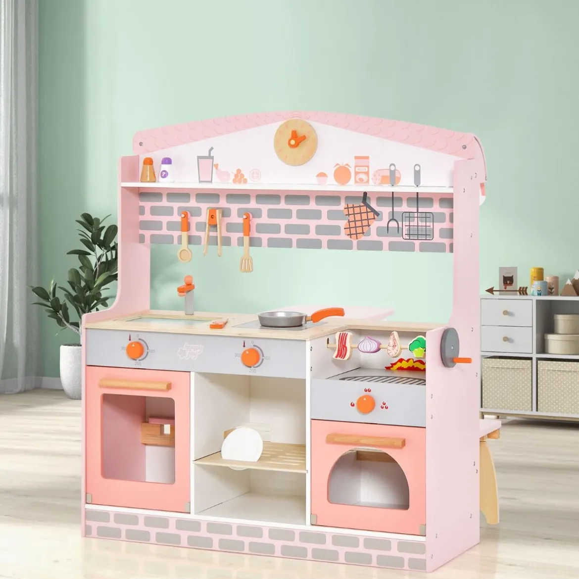 2 in 1 Kinderküche mit Herd & Backofen & Grill & Verstellbarem Baldachin Doppelseitige Spielküche