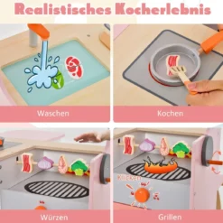 2 in 1 Kinderküche mit Herd & Backofen & Grill & Verstellbarem Baldachin Doppelseitige Spielküche