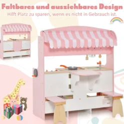 2 in 1 Kinderküche mit Herd & Backofen & Grill & Verstellbarem Baldachin Doppelseitige Spielküche