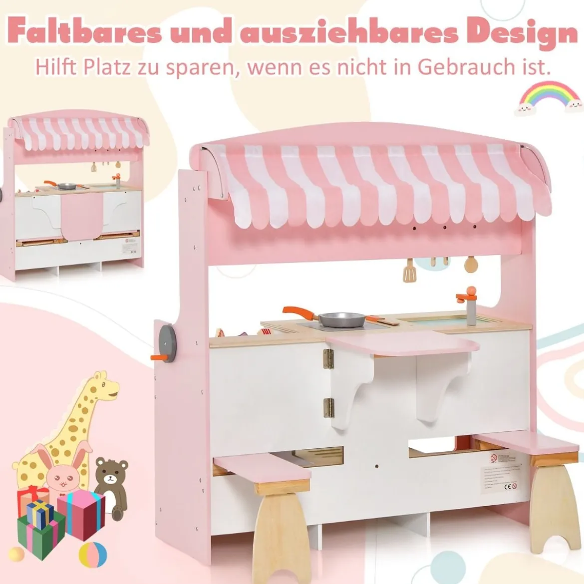 2 in 1 Kinderküche mit Herd & Backofen & Grill & Verstellbarem Baldachin Doppelseitige Spielküche