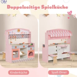 2 in 1 Kinderküche mit Herd & Backofen & Grill & Verstellbarem Baldachin Doppelseitige Spielküche