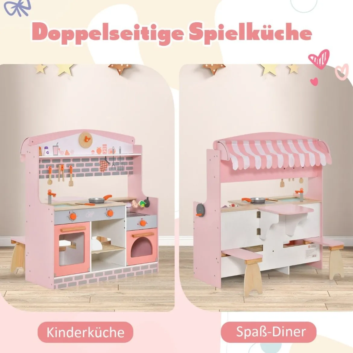 2 in 1 Kinderküche mit Herd & Backofen & Grill & Verstellbarem Baldachin Doppelseitige Spielküche