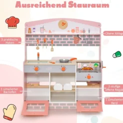 2 in 1 Kinderküche mit Herd & Backofen & Grill & Verstellbarem Baldachin Doppelseitige Spielküche