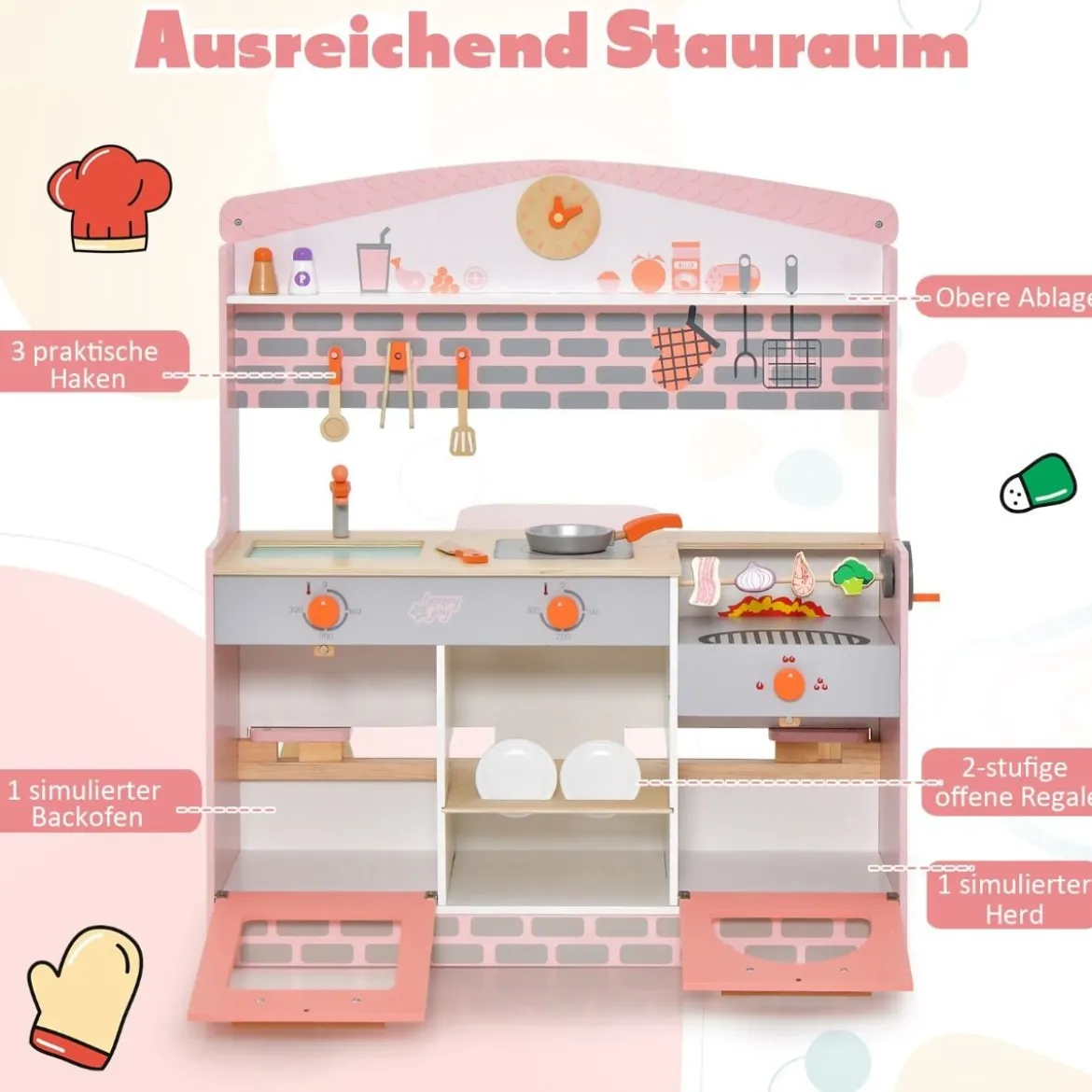 2 in 1 Kinderküche mit Herd & Backofen & Grill & Verstellbarem Baldachin Doppelseitige Spielküche