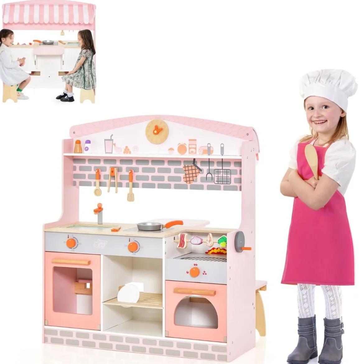 2 in 1 Kinderküche mit Herd & Backofen & Grill & Verstellbarem Baldachin Doppelseitige Spielküche