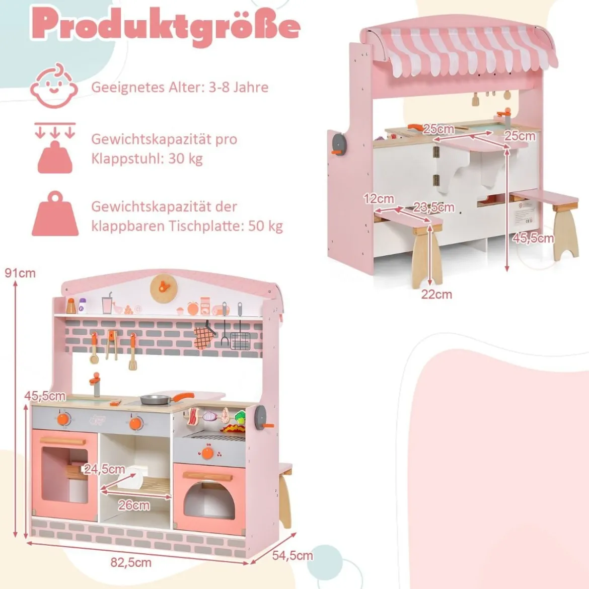 2 in 1 Kinderküche mit Herd & Backofen & Grill & Verstellbarem Baldachin Doppelseitige Spielküche