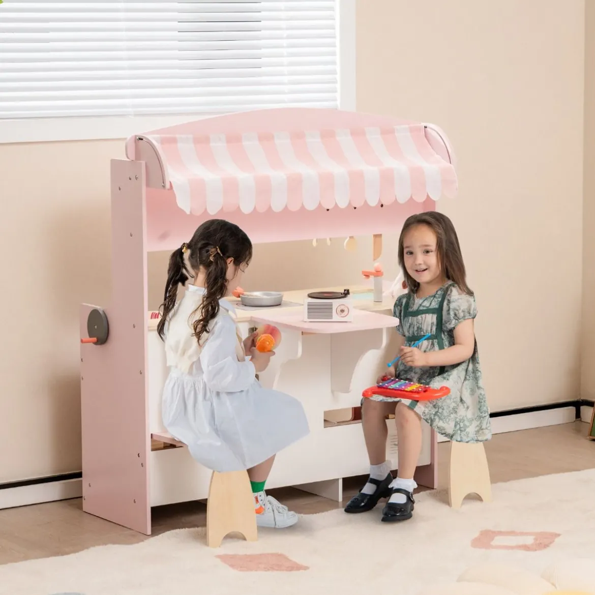 2 in 1 Kinderküche mit Herd & Backofen & Grill & Verstellbarem Baldachin Doppelseitige Spielküche